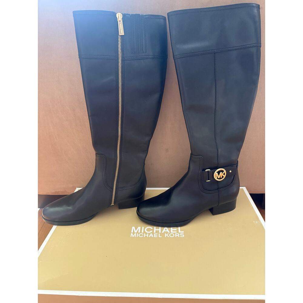 NWT Michael Michael Kors Harland vachetta leather riding boot in black with gold - Picture 4 of 6